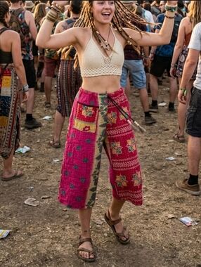 Upcycled Kantha Quilt Cropped Palazzo Pants M-L Handmade Dont Throw It Out